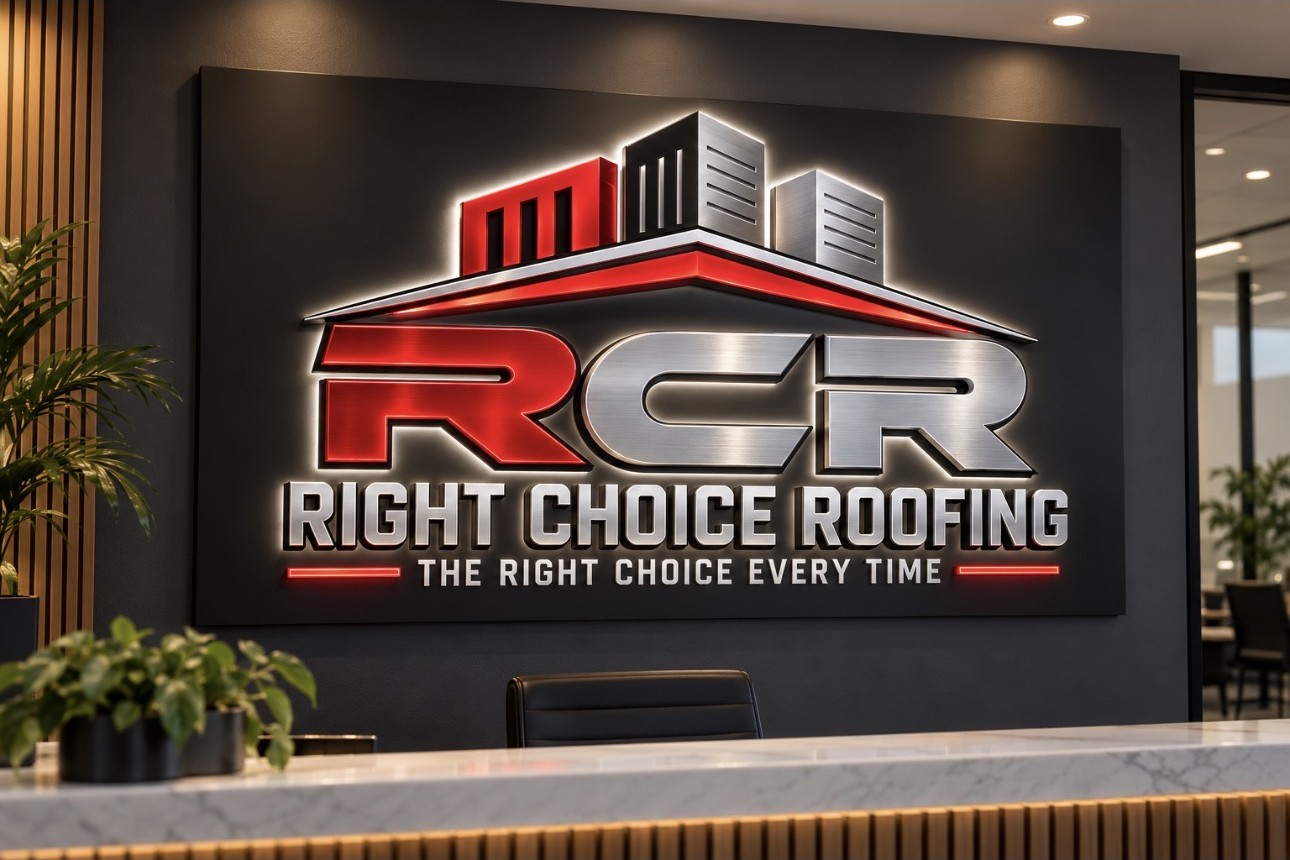 Illuminated Right Choice Roofing wall sign above a reception desk